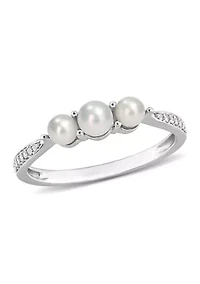 3-4MM Cultured Freshwater Pearl and Diamond Accent 3-Stone Ring 14k White Gold