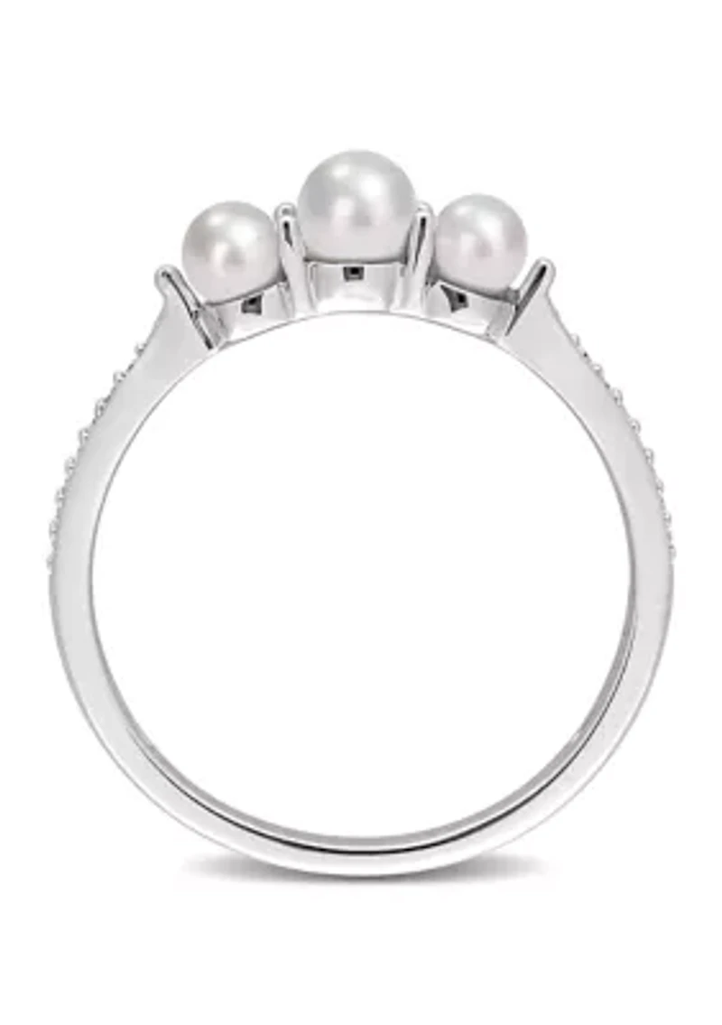 3-4MM Cultured Freshwater Pearl and Diamond Accent 3-Stone Ring 14k White Gold