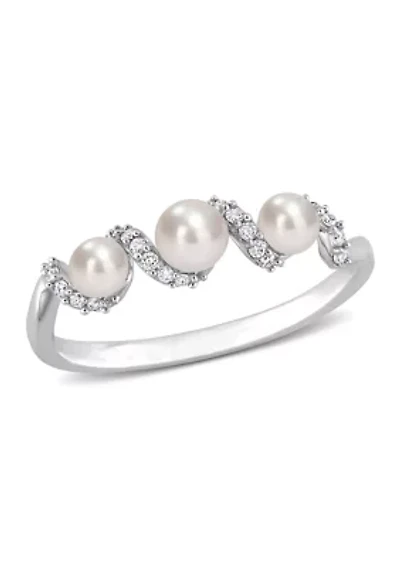 3-4MM Cultured Freshwater Pearl and 1/10 CT TW Diamond Swirl Ring 14k White Gold