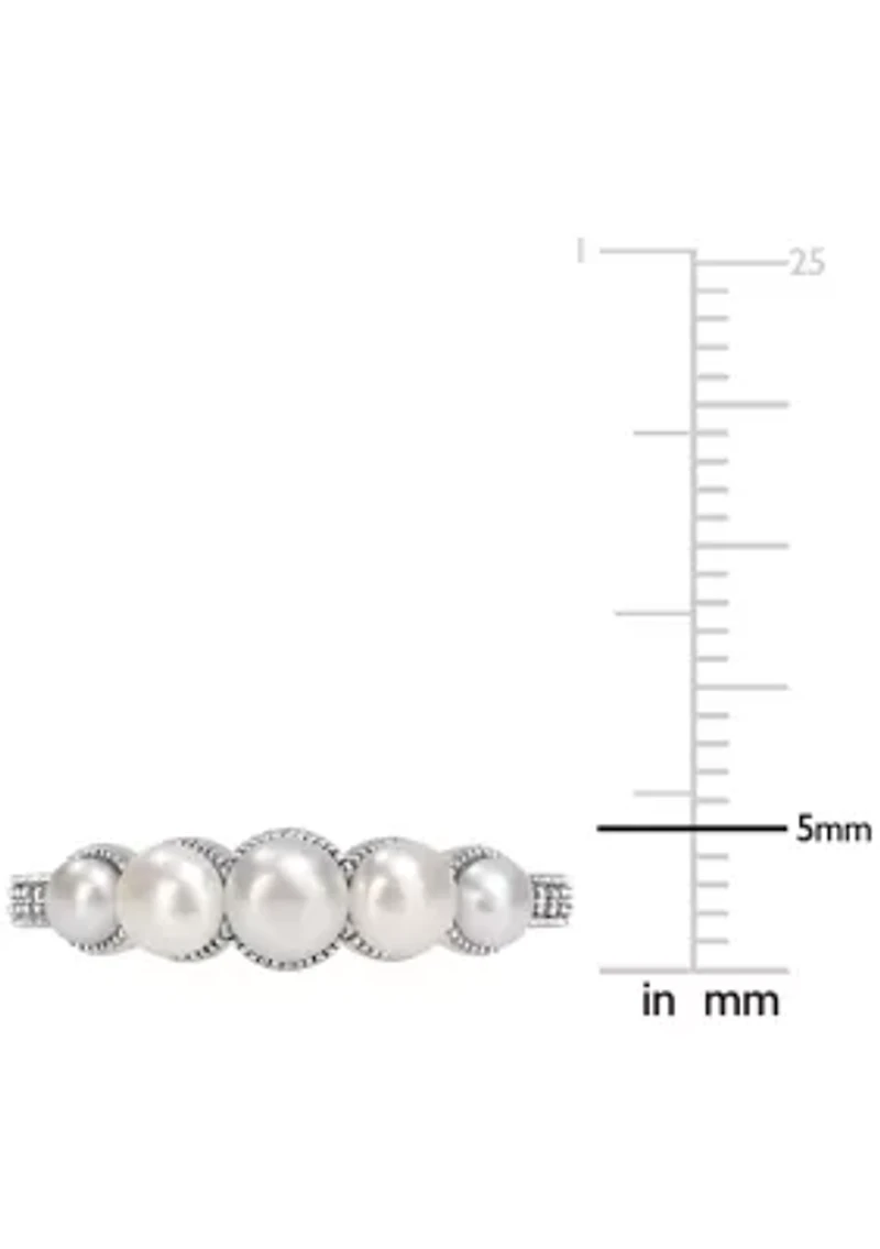 3-4.5MM Cultured Freshwater Pearl and Diamond Accent Halo Five Stone Ring 14k White Gold