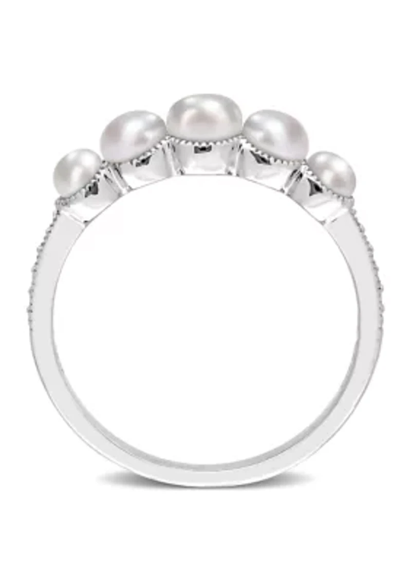 3-4.5MM Cultured Freshwater Pearl and Diamond Accent Halo Five Stone Ring 14k White Gold