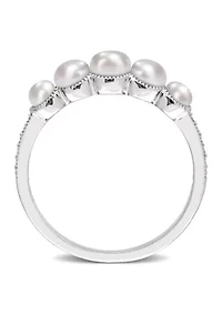 3-4.5MM Cultured Freshwater Pearl and Diamond Accent Halo Five Stone Ring 14k White Gold