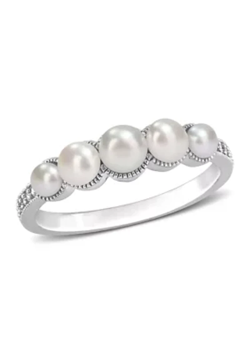 3-4.5MM Cultured Freshwater Pearl and Diamond Accent Halo Five Stone Ring 14k White Gold