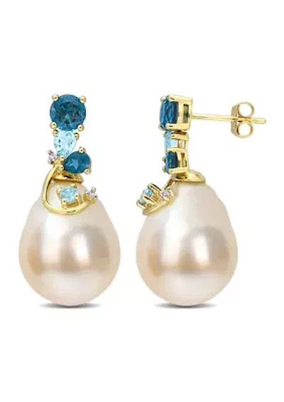 9-10MM South Sea Cultured Pearl Blue Topaz and Diamond Accent Drop Earrings in 14k Yellow Gold