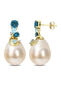 9-10MM South Sea Cultured Pearl Blue Topaz and Diamond Accent Drop Earrings in 14k Yellow Gold