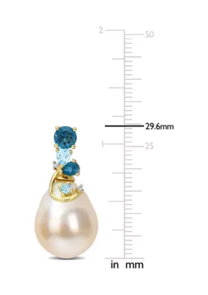 9-10MM South Sea Cultured Pearl Blue Topaz and Diamond Accent Drop Earrings in 14k Yellow Gold