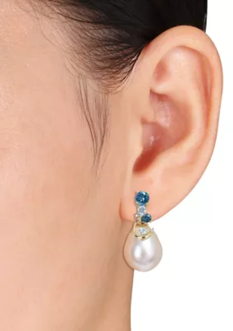 9-10MM South Sea Cultured Pearl Blue Topaz and Diamond Accent Drop Earrings in 14k Yellow Gold
