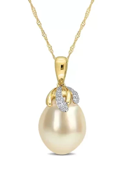 9-10MM South Sea Cultured Pearl and Diamond Accent Necklace in 14k Yellow Gold