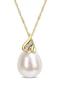9-10MM South Sea Cultured Pearl and Diamond Accent Swirl Necklace in 14k Yellow Gold