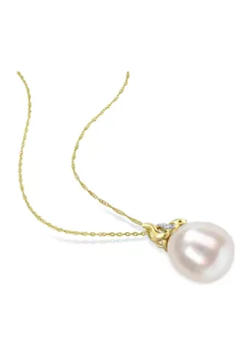 9-10MM South Sea Cultured Pearl and Diamond Accent Swirl Necklace in 14k Yellow Gold