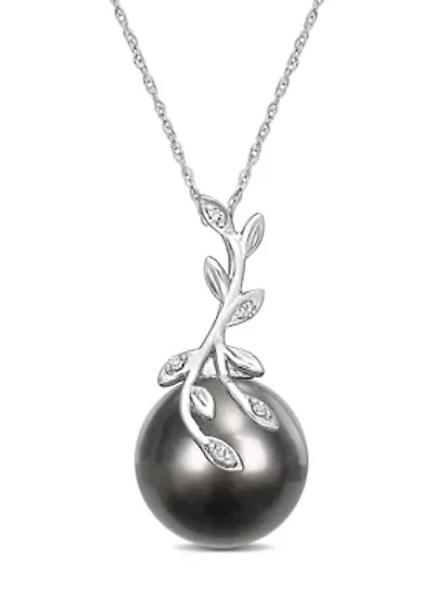 12-12.5MM Tahitian Cultured Pearl and Diamond Accent Leaf Necklace in 14k White Gold