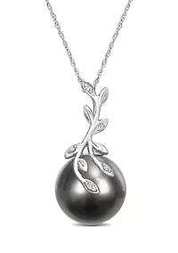 12-12.5MM Tahitian Cultured Pearl and Diamond Accent Leaf Necklace in 14k White Gold