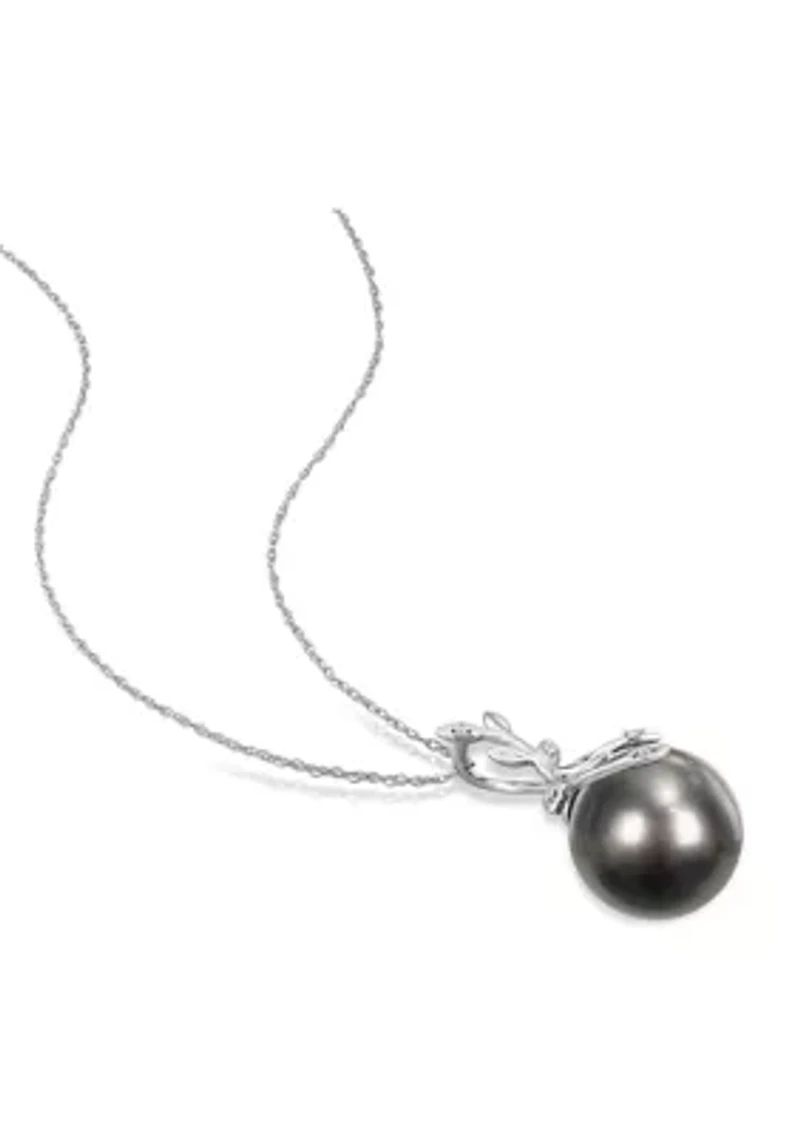 12-12.5MM Tahitian Cultured Pearl and Diamond Accent Leaf Necklace in 14k White Gold