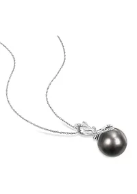 12-12.5MM Tahitian Cultured Pearl and Diamond Accent Leaf Necklace in 14k White Gold