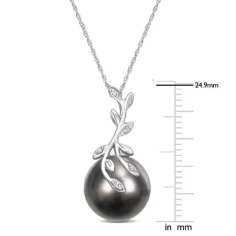 12-12.5MM Tahitian Cultured Pearl and Diamond Accent Leaf Necklace in 14k White Gold