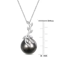 12-12.5MM Tahitian Cultured Pearl and Diamond Accent Leaf Necklace in 14k White Gold