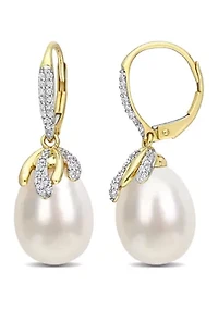 9-10MM South Sea Cultured Pearl and 1/3 CT TW Diamond Drop Earrings in 14k Yellow Gold