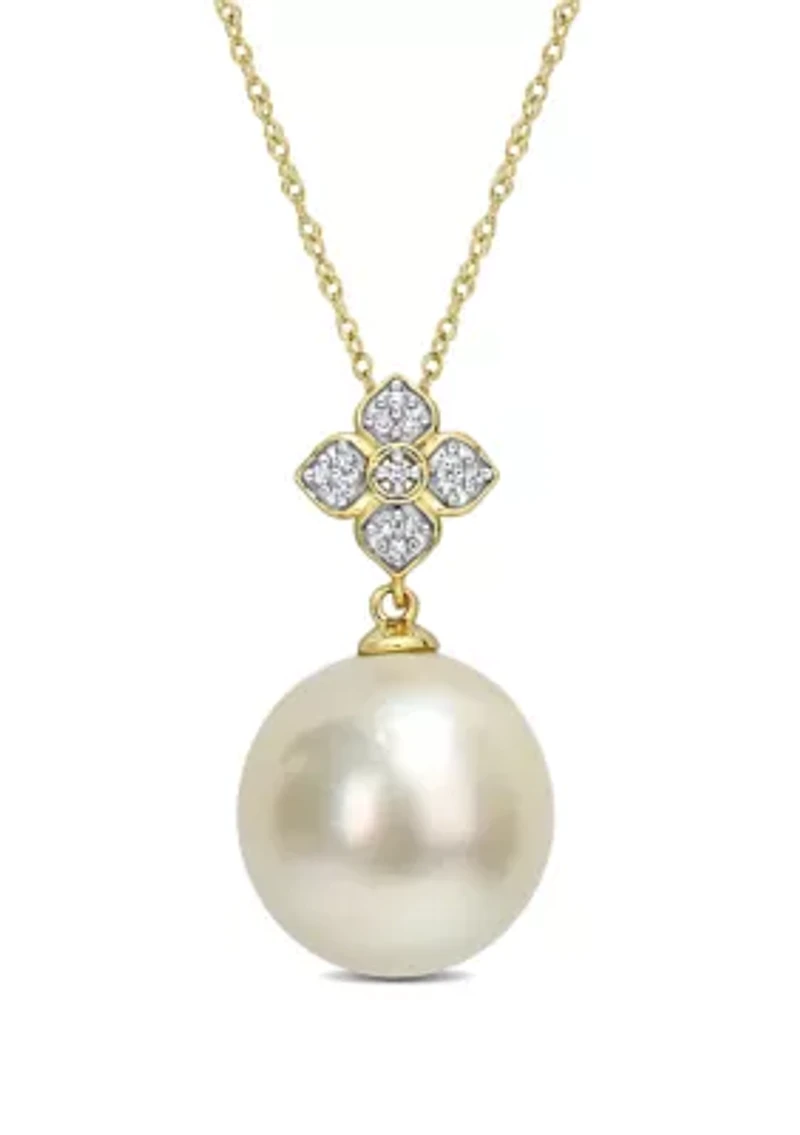 13-13.5MM South Sea Cultured Pearl and Diamond Accent Floral Necklace in 10k Yellow Gold