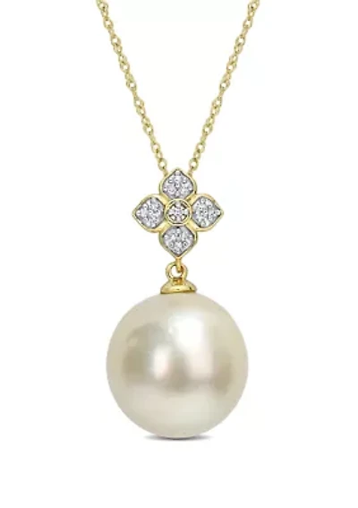13-13.5MM South Sea Cultured Pearl and Diamond Accent Floral Necklace in 10k Yellow Gold