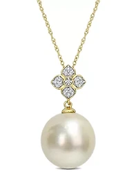 13-13.5MM South Sea Cultured Pearl and Diamond Accent Floral Necklace in 10k Yellow Gold