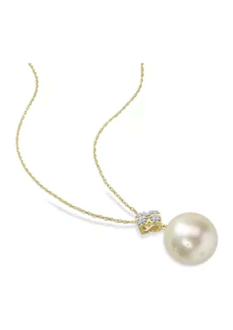 13-13.5MM South Sea Cultured Pearl and Diamond Accent Floral Necklace in 10k Yellow Gold