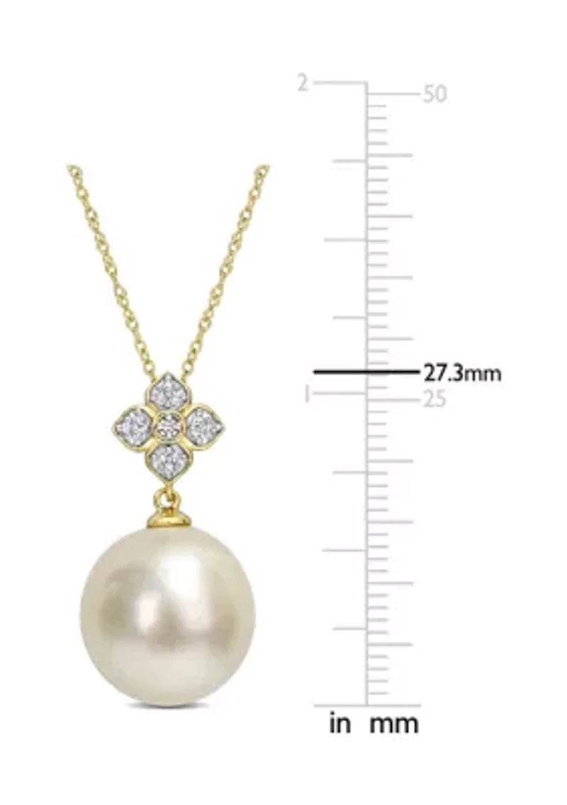 13-13.5MM South Sea Cultured Pearl and Diamond Accent Floral Necklace in 10k Yellow Gold