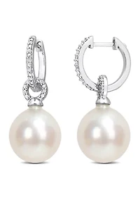 12-12.5MM South Sea Cultured Pearl and 1/10 CT TW Diamond Huggie Drop Earrings in 14k White Gold
