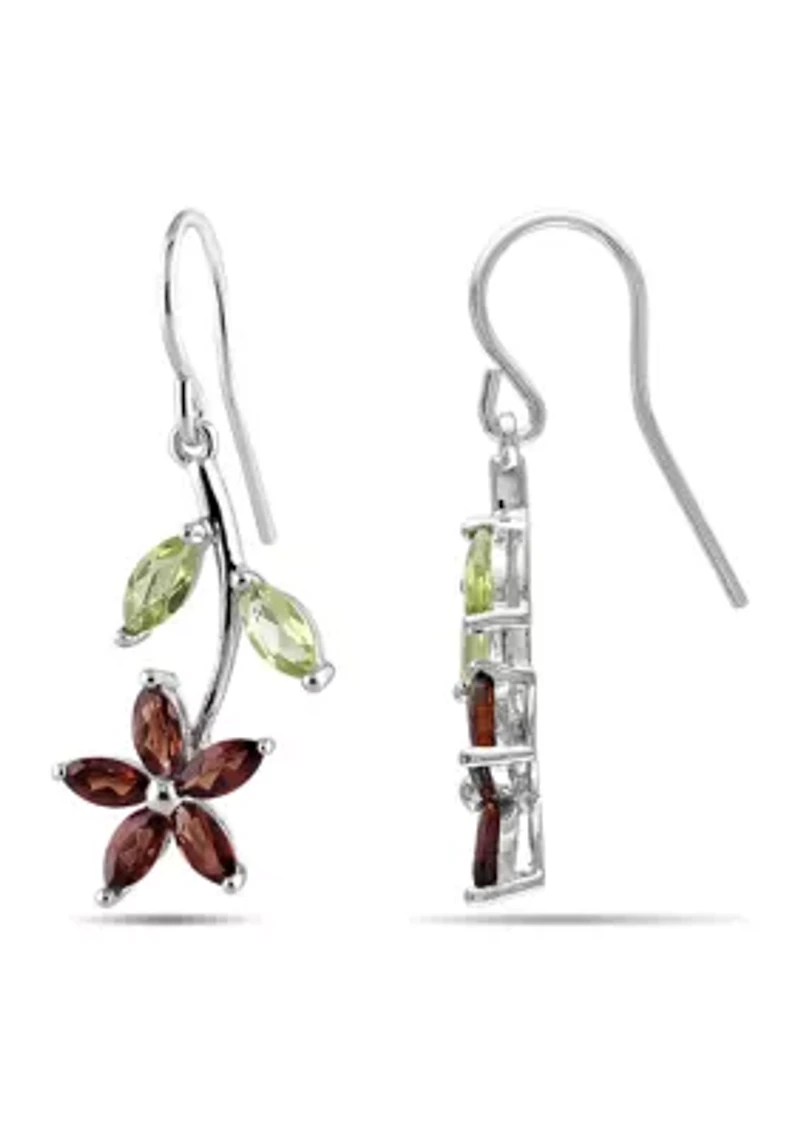 Garnet and Peridot Flower Charm Earrings in Sterling Silver