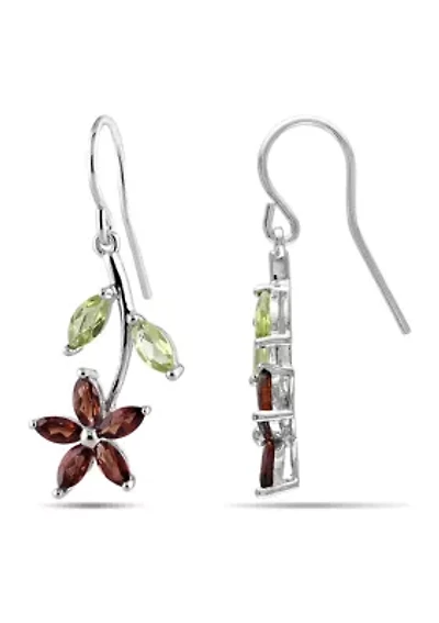 Garnet and Peridot Flower Charm Earrings in Sterling Silver