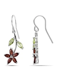 Garnet and Peridot Flower Charm Earrings in Sterling Silver