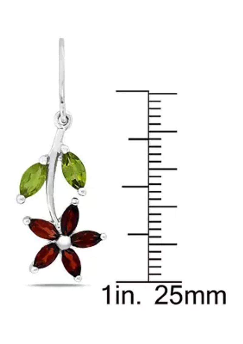 Garnet and Peridot Flower Charm Earrings in Sterling Silver