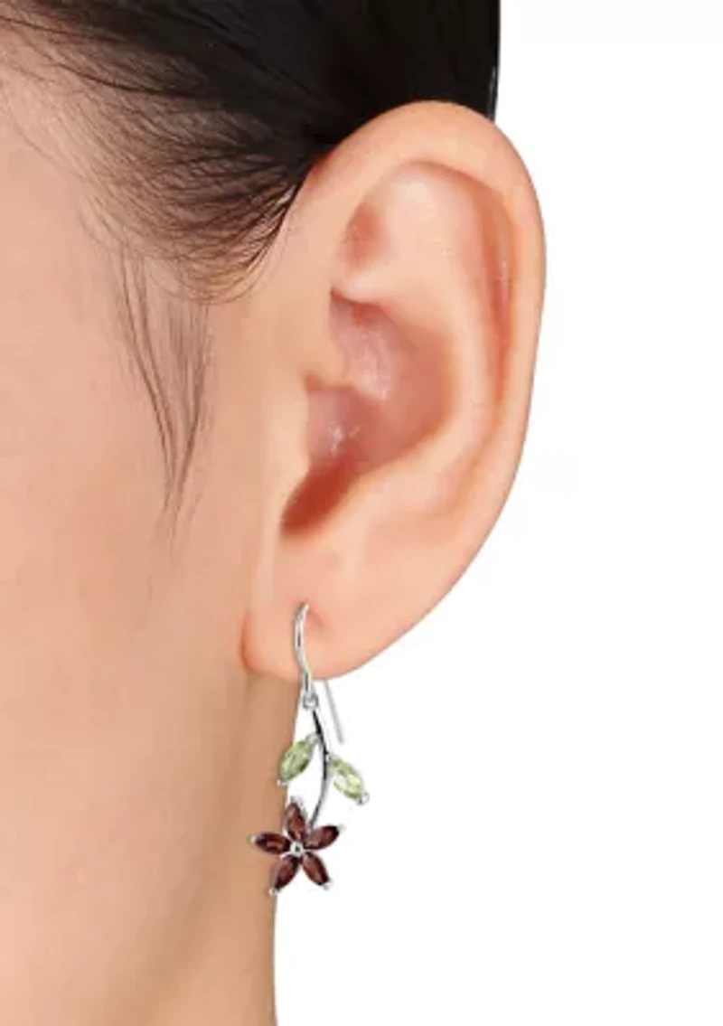 Garnet and Peridot Flower Charm Earrings in Sterling Silver