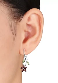 Garnet and Peridot Flower Charm Earrings in Sterling Silver