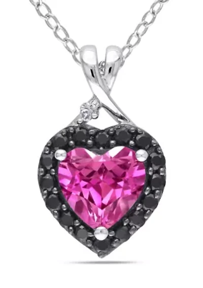 Lab Created Created Pink Sapphire, Black Spinel and Diamond Heart Halo Pendant with Chain in Sterling Silver with Black Rhodium