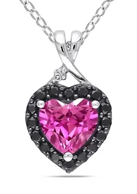 Lab Created Created Pink Sapphire, Black Spinel and Diamond Heart Halo Pendant with Chain in Sterling Silver with Black Rhodium