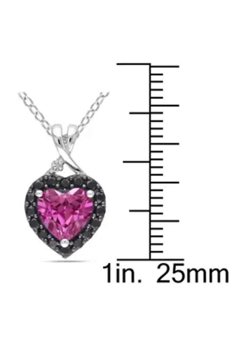 Lab Created Created Pink Sapphire, Black Spinel and Diamond Heart Halo Pendant with Chain in Sterling Silver with Black Rhodium