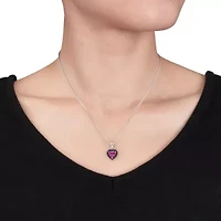 Lab Created Created Pink Sapphire, Black Spinel and Diamond Heart Halo Pendant with Chain in Sterling Silver with Black Rhodium