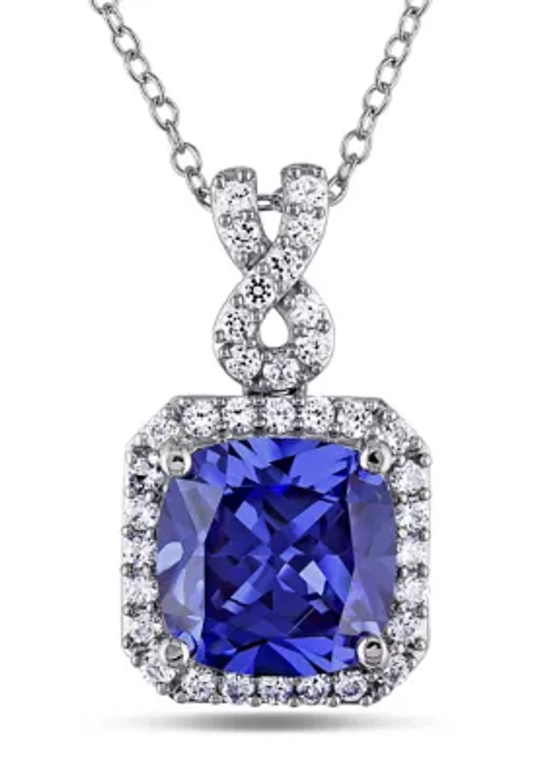 Lab Created 6.42 ct. t.g.w. Cushion Cut Created Tanzanite and Created White Sapphire Halo Pendant with Chain in Sterling Silver