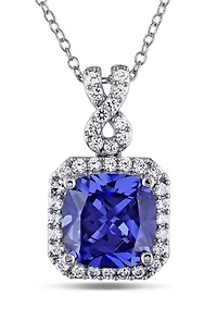 Lab Created 6.42 ct. t.g.w. Cushion Cut Created Tanzanite and Created White Sapphire Halo Pendant with Chain in Sterling Silver