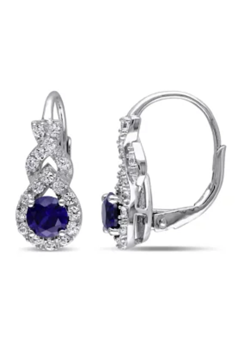 Lab Created Created Blue and White Sapphire Twist Leverback Earrings in Sterling Silver
