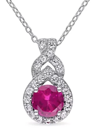 Lab Created Created White Sapphire and Created Ruby Teardrop Halo Pendant with Chain in Sterling Silver