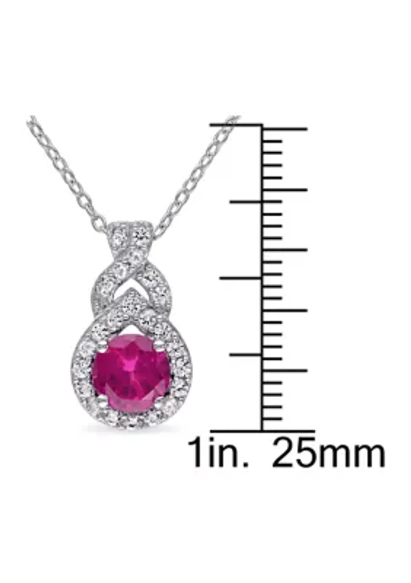 Lab Created Created White Sapphire and Created Ruby Teardrop Halo Pendant with Chain in Sterling Silver