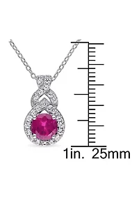 Lab Created Created White Sapphire and Created Ruby Teardrop Halo Pendant with Chain in Sterling Silver