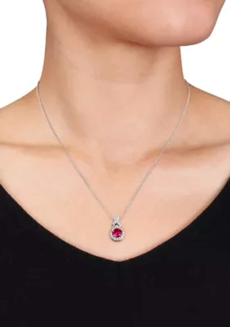 Lab Created Created White Sapphire and Created Ruby Teardrop Halo Pendant with Chain in Sterling Silver