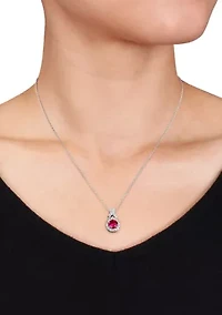 Lab Created Created White Sapphire and Created Ruby Teardrop Halo Pendant with Chain in Sterling Silver