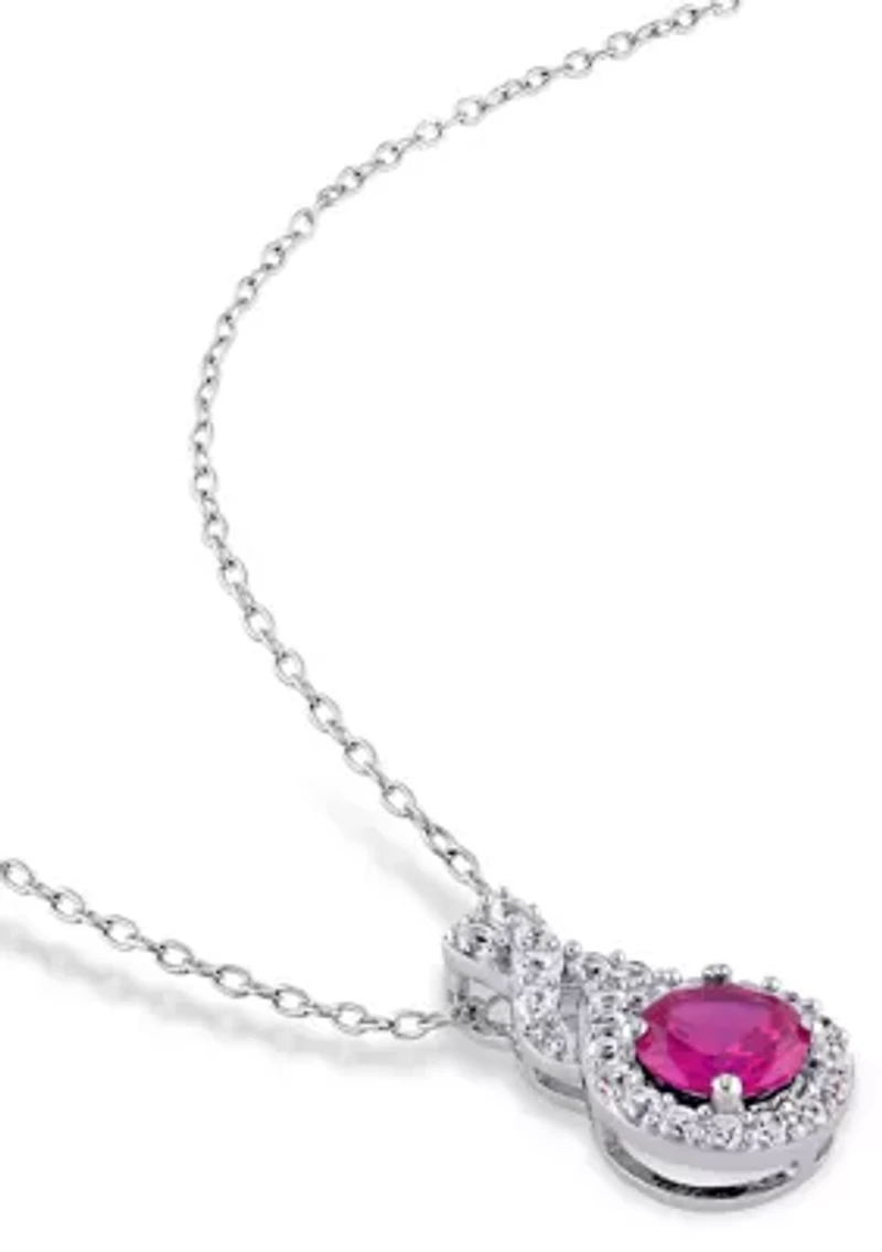 Lab Created Created White Sapphire and Created Ruby Teardrop Halo Pendant with Chain in Sterling Silver