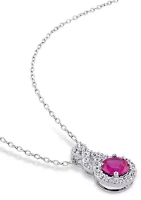 Lab Created Created White Sapphire and Created Ruby Teardrop Halo Pendant with Chain in Sterling Silver