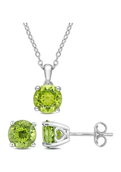 4 1/2 CT TGW Peridot Solitaire Stud Earring and Pendant with chain Set in Sterling Silver