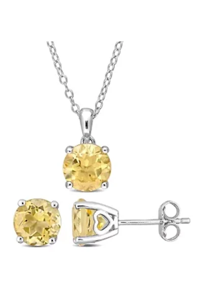 3 3/4 CT TGW Citrine Solitaire Stud Earring and Pendant with chain Set in Sterling Silver