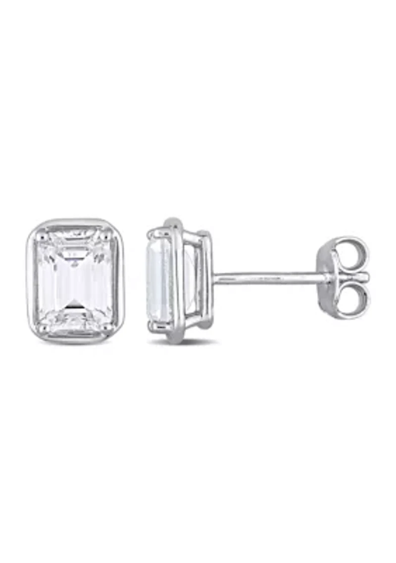 Lab Created 3.18 ct. t.g.w. Created White Sapphire Bezel Style Emerald Cut Stud Earrings in Sterling Silver